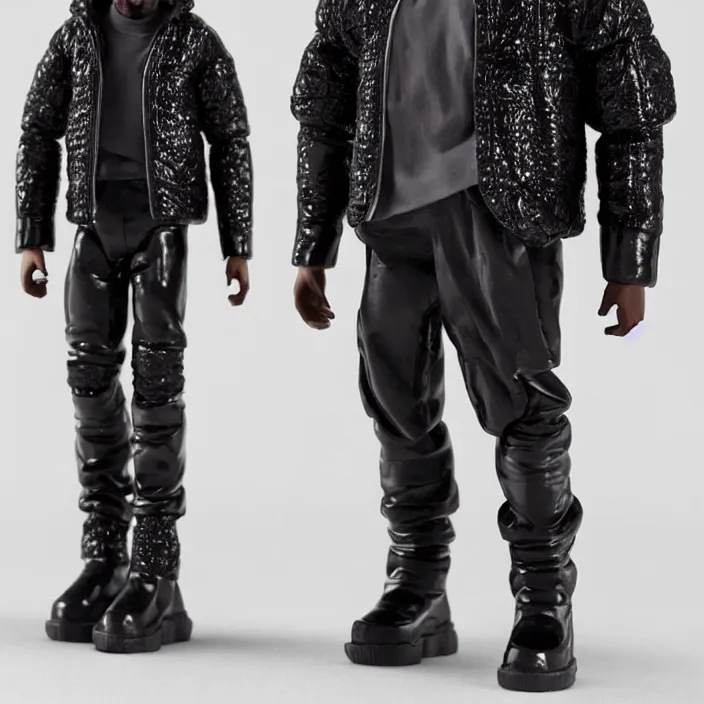 Image similar to a action figure of kanye west using full face - covering black mask with small holes. a small, tight, undersized reflective bright black round puffer jacket made of nylon. a shirt underneath. black jeans pants. a pair of big black rubber boots, figurine, detailed product photo, 4 k, realistic, acton figure, studio lighting, professional photo