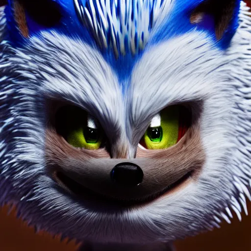 Prompt: ultra detailed creepy realistic sonic the hedgehog photorealistic highly detailed fur detailed facial features heraldo ortega, octane render, trending on artstation, 8 k