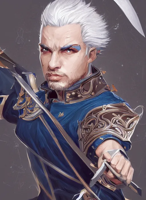 Image similar to a highly detailed illustration of young short slick back white haired man wearing dark blue coat, bright blue eyes, dramatic wielding katana pose, intricate, elegant, highly detailed, centered, digital painting, artstation, concept art, smooth, sharp focus, league of legends concept art, wlop