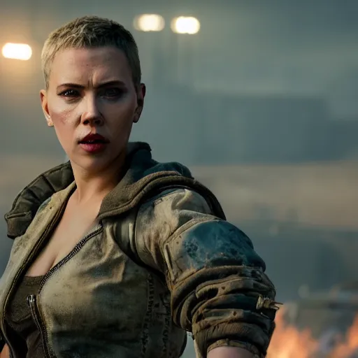 Image similar to Fury Road driver scarlett johansson tragedy in Cyberpunk 2077. CP2077. 3840 x 2160