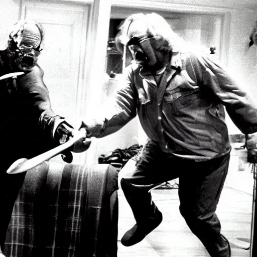Image similar to wilford brimley fighting the diabeetus monster, 7 0's horror movie style directed by john carpenter
