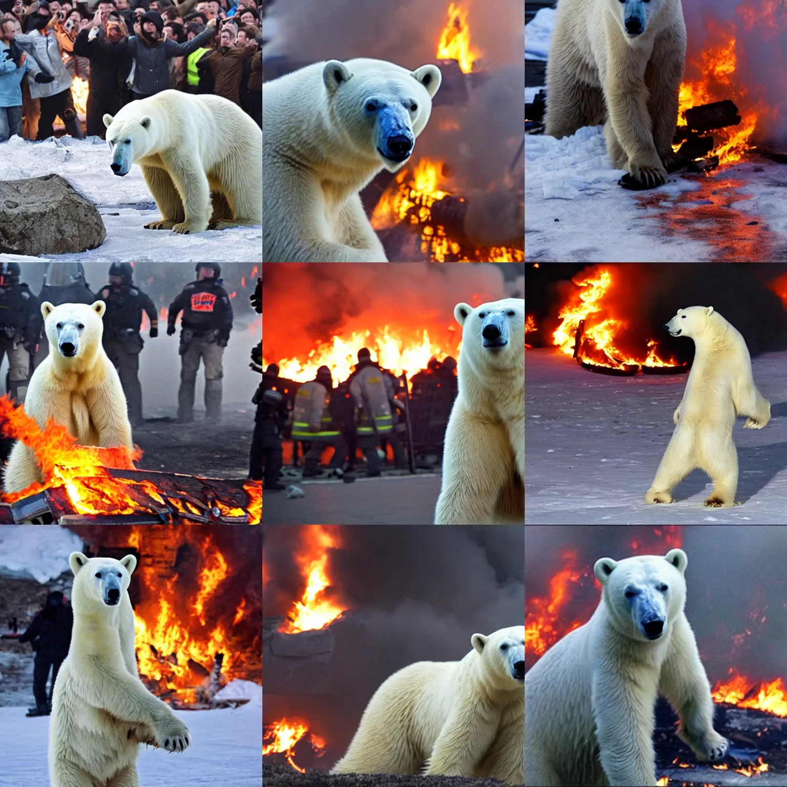 Prompt: polar bear at a riot, lots of fire, photo