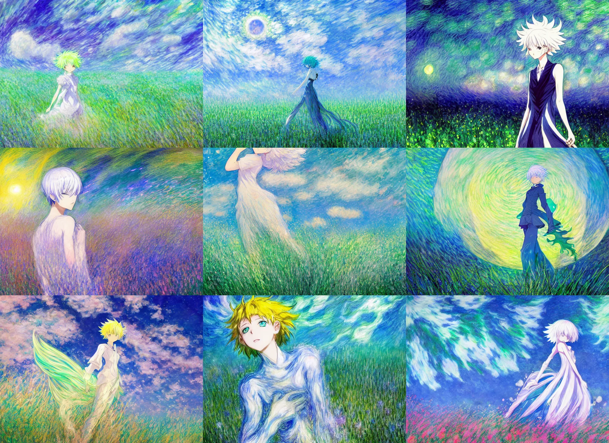 Prompt: anime character phosphophyllite, houseki no kuni, glowing crystalline being in a field of grass, crescent moon with swirling clouds, impressionist painting, claude monet, pastel colours