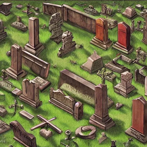 Image similar to medieval cemetery, highly detailed, digital art, isometric