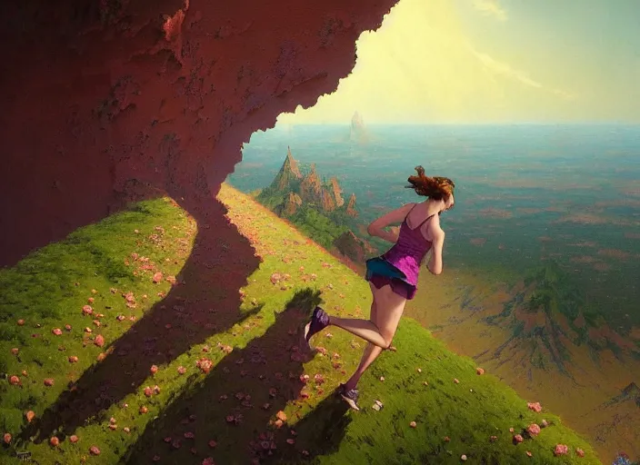 Image similar to aerial side shot of a beautiful inspiring girl running on a trail made of gelato in Mandelbrot fractal by Craig Mullins, ilya kuvshinov, krenz cushart, artgerm trending on artstation by Edward Hopper and Dan Mumford and WLOP and Rutkovsky, beksinski carl spitzweg moebius and tuomas kocar, intricate artwork by caravaggio, Unreal Engine 5, Lumen, Nanite