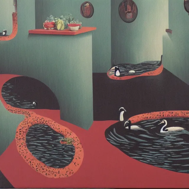 Image similar to painting of flood waters inside an apartment, emo catgirl art student, a river flooding inside, taps with running water, tangelos, zen, pigs, ikebana, water, river, rapids, waterfall, black swans, canoe, pomegranate, berries dripping, acrylic on canvas, surrealist, by magritte and monet