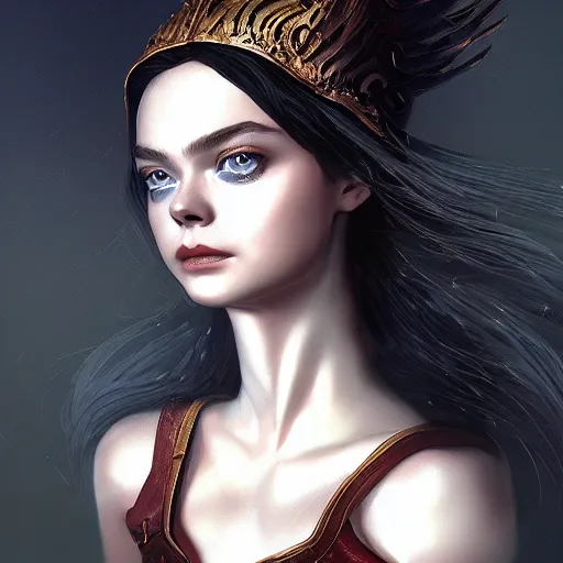 Image similar to head and shoulders portrait of modern darna, elle fanning in dark souls, intricate, elegant, dark vibes, highly detailed, digital painting, artstation, glamor pose, concept art, smooth, sharp focus, illustration, art by wlop, mars ravelo and greg rutkowski