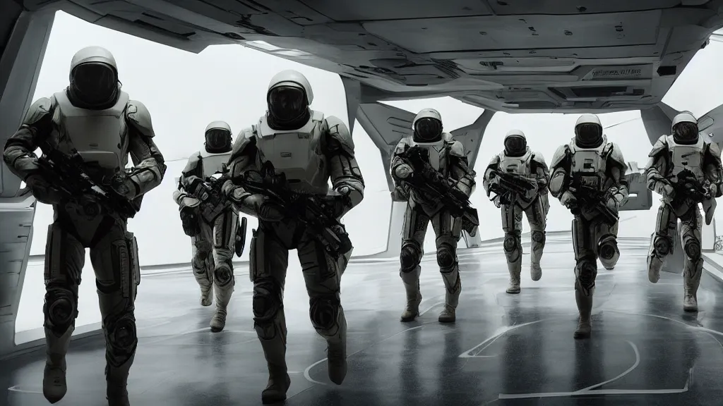Prompt: sci-fi action movie cinematography of space soldiers moving tactical formation through spaceship corridor. By Emmanuel Lubezki