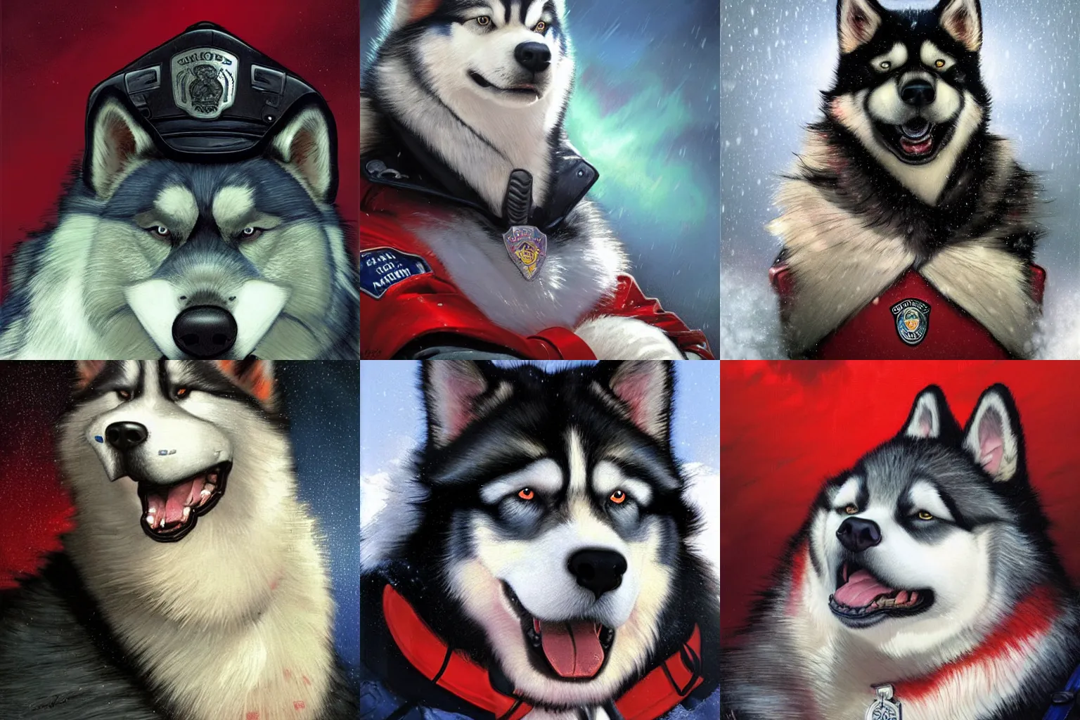 Prompt: a anthropomorphic alaskan malamute police officer with red and white fur in a black police uniform sitting in his patrol car at night looking bored while it rains with red and blue neon light reflecting off of his face. Renowned character illustration by greg rutkowski, thomas kindkade, alphonse mucha, loish, norman rockwell. Trending on furaffinity.