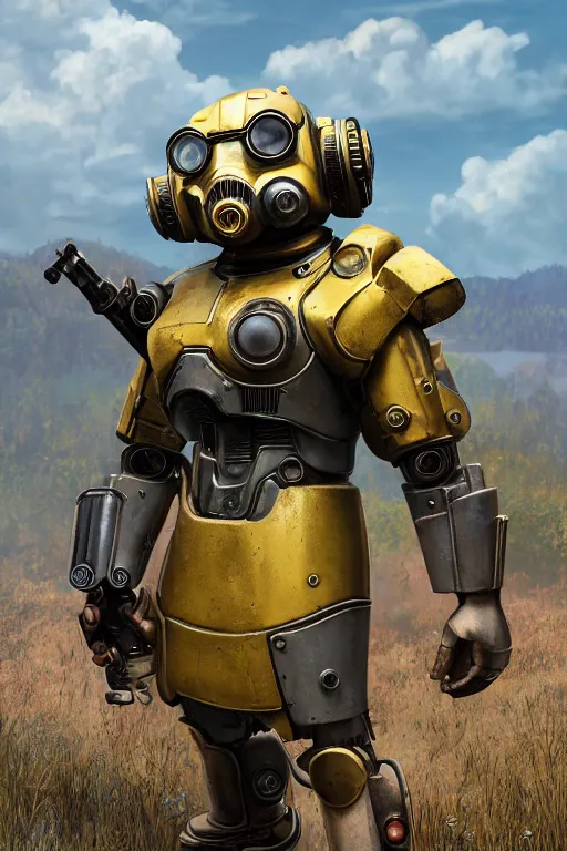 Image similar to fallout 7 6 power armor, hyper realistic, design by mark ryden and pixar and hayao miyazaki, unreal 5, daz, hyperrealistic, octane render, cosplay, rpg portrait, dynamic lighting, intricate, that looks like it is from borderlands and by feng zhu and loish and laurie greasley, victo ngai, andreas rocha, john harris