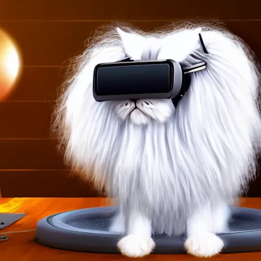 Image similar to beautiful fluffy long haired persian cat wearing vr headset standing up playing virtual reality game detailed 4 k painting