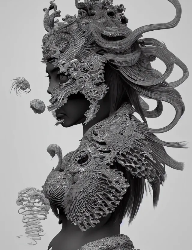 Image similar to 3 d goddess close - up profile portrait biomechanics with ram skull. beautiful intricately detailed japanese crow kitsune mask and clasical japanese kimono. betta fish, jellyfish phoenix, bio luminescent, plasma, ice, water, wind, creature, artwork by tooth wu and wlop and beeple and greg rutkowski