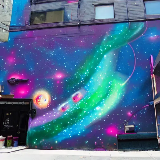 Image similar to a galactic spray painted mural in new york painted by artist outer source