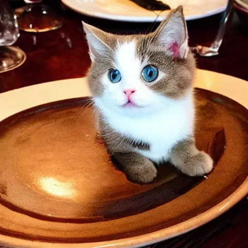 Image similar to very very very very very very very cute chibi adorable beautiful munchkin cat on a plate in a fancy restaurant, professional foot photography