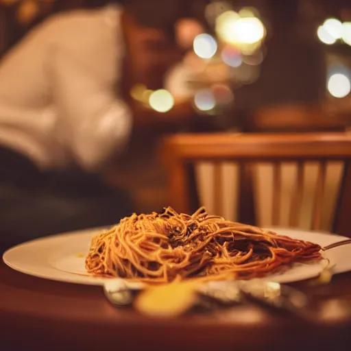 Image similar to donald duck sleeping in a restaurant surrounded by laughing drunk people eating spaghetti and playing violins. highly detailed flash photography. shallow depth of field