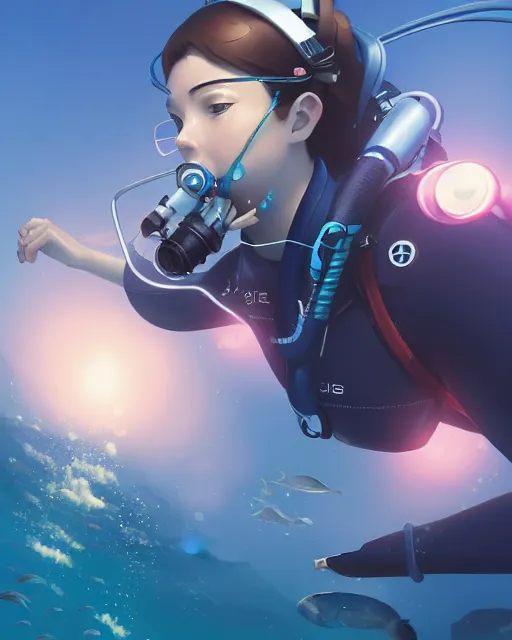 Image similar to a girl scuba diving in an ocean full of sea life, full shot, atmospheric lighting, detailed face, by makoto shinkai, stanley artgerm lau, wlop, rossdraws