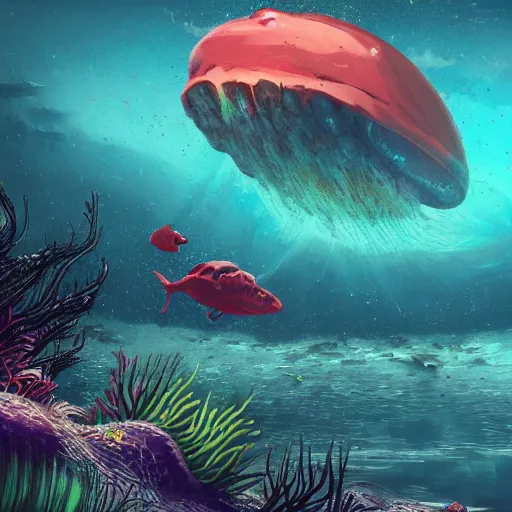 Prompt: underwater view of a strange alien world, some washed out red and green plant life, giant leviathan swimming far in the background, deep blue sea color, artstation