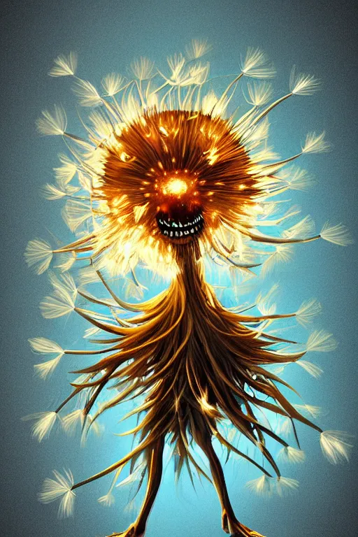 Image similar to a glowing humanoid figure dandelion monster with large glowing eyes, highly detailed, digital art, sharp focus, trending on art station, artichoke, anime art style