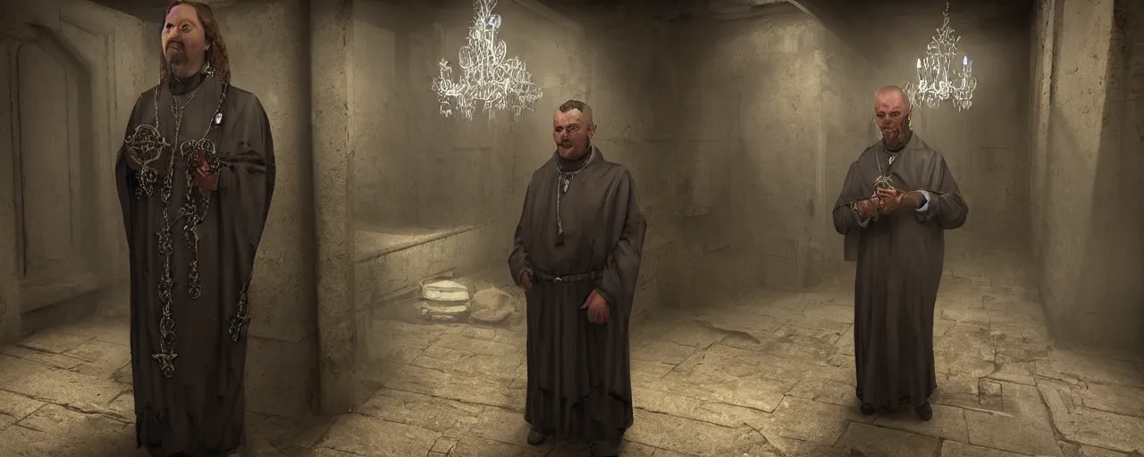 Image similar to a highly realistic and detailed full Priest standing in a dark dirty basement holding a rosary, wide angle 70mm lens, volumetric haze, front facing camera, symmetrical, photorealistic, insanely detailed and intricate, epic, hyper realistic, elegant, ornate, elite, horror, creepy, ominous, haunting, cinematic lighting, unreal engine, cinematic centered camera, high detail, no blur, unreal engine 8k