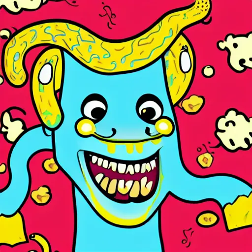 Prompt: Pop-Wonder-NFT rando-larry-happy-goat-and-wandering-snake sidekick, waffling about wading through the goopy-muck and slithering about the castle side delights on a melted cheesy day in a hand-drawn vector, svg, cult-classic-comic-style