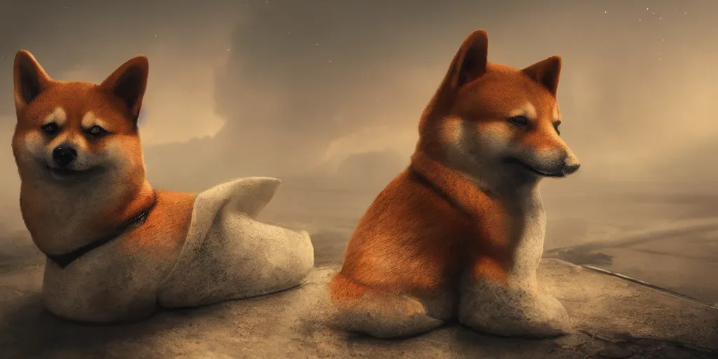 Prompt: A Shiba Inu survivor dressed with rags is watching the world ending, meteors are falling from the sky, everything is on fire, dramatic lighting, digital art, very very very very very very beautiful, 8K, dark lighting, trending on Artstation, award winning
