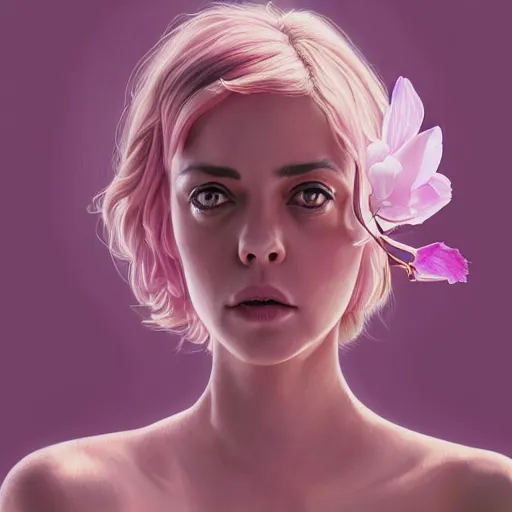 Image similar to pink petals with a ahape of a wonderful aubrey plaza and christina ricci and sarah hyland and mila kunis and olivia newton john, intricate, elegant, highly detailed, wonderful eyes, sweet, digital painting, artstation, concept art, smooth, sharp focus, illustration, art by artgerm and greg rutkowski and concept art