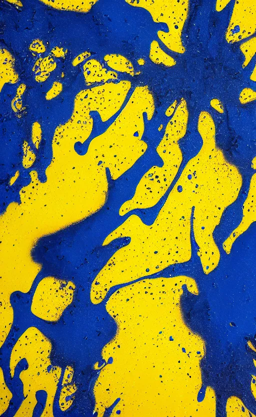 Prompt: contemporary sculpture, dark blue liquid splatters, yellow backdrop, smooth surface, close up, 33mm, 4k, award winning photo