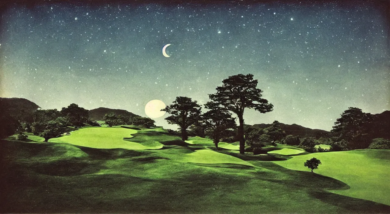 Image similar to eerie moonlight, stone walls, birds eye view of a perfect infinite elysian dreamlike green hilly pastoral astral psychedelic golf course landscape with cherished trees, stone walls under cosmic stars, cherished trees, memory trapped in eternal time, golden hour, dark sky, evening starlight, haunted vintage psychedelic painted polaroid by hiroshi yoshida