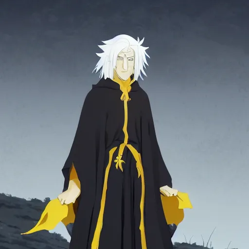 Image similar to a white haired man with yellow eyes, wearing a black cultist robe, medieval background, highly detailed, digital painting, artstation, matte, by makoto shinkai, animation style, studio ghibli, anime key visual