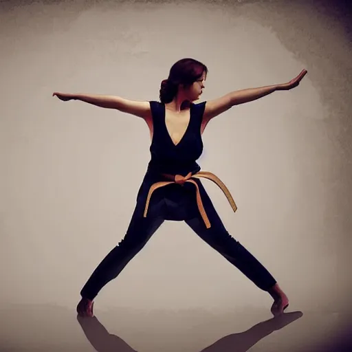 Prompt: a beautiful woman preforming karate, super detailed, hyper realism, ambient lighting, cinematic lighting,