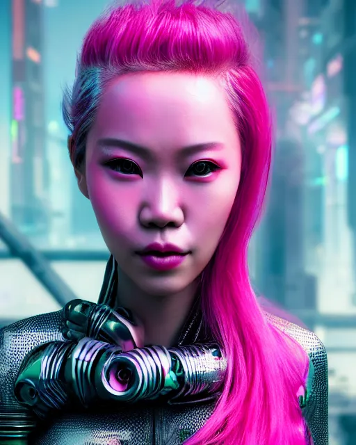 Image similar to portrait of a beautiful thai woman with pink hair as a cyberpunk cyborg half robot, sci - fi, missing panels, intricate abstract upper body intricate artwork, concept art, octane render, deviantart, cinematic, key art, hyperrealism, iridescent accents, portrait photograph, nikon 3 5 mm, photograph by greg rutkowski