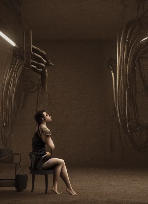 Prompt: a woman sitting in a chair in a dark room, a detailed matte painting by giger, trending on cgsociety, video art, tesseract, rendered in unreal engine