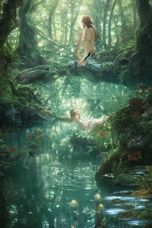 Image similar to an enchanted forest pool, highly detailed, digital painting, artstation, concept art, sharp focus, illustration, art by artgerm and greg rutkowski and alphonse mucha