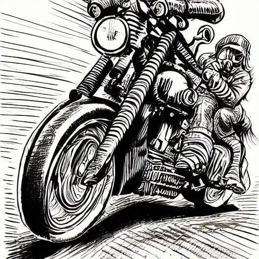 Prompt: hells angel biker riding through a burning street, intricate ink drawing, highly detailed in the style of jamie hewlett