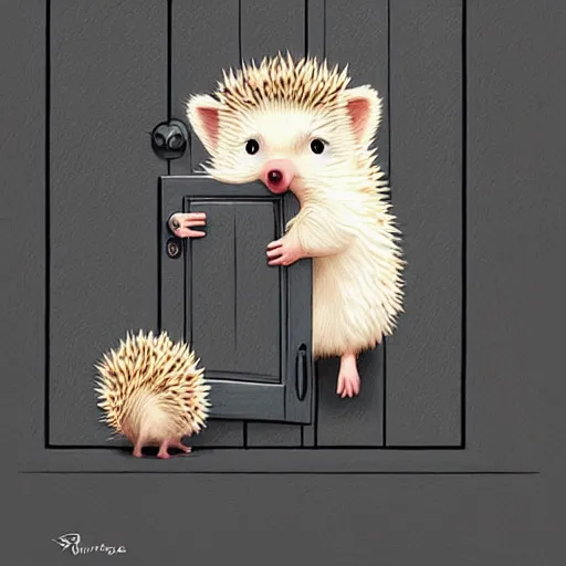 Image similar to cute adorable hedgehog opening the door, waving, smiling, cute, hedgehog, by cyril rolando