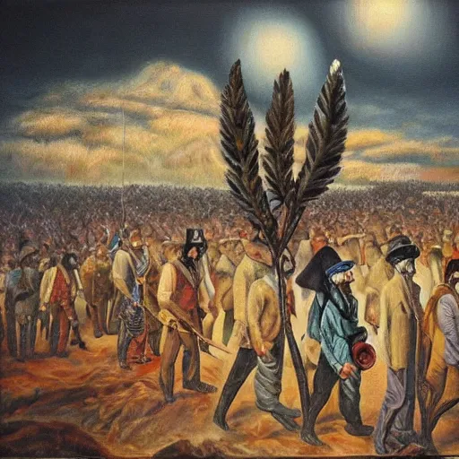 Image similar to trail of tears, surrealism, high detail, masterpiece, oil on canvas