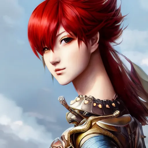 Image similar to a red haired female knight as an absurdly beautiful, elegant, young sensual anime girl, hilly background, ultrafine hyperrealistic detailed face illustration by kim jung gi, irakli nadar, intricate linework, sharp focus, bright colors, matte, octopath traveler, final fantasy, unreal engine highly rendered, global illumination, radiant light, intricate environment