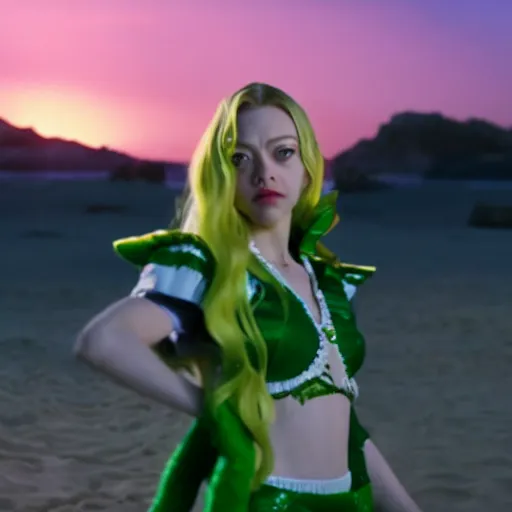 Image similar to cinematic scene with amanda seyfried as jolyne from jojo's bizarre adventure, live action film, stone ocean, dramatic, small details, volumetric lighting, still frame