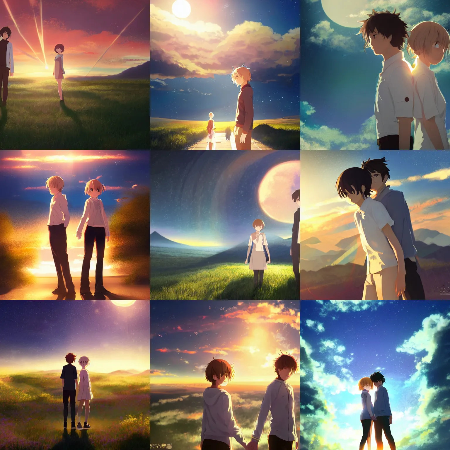 Prompt: A full body portrait of twin brother and sister with golden short hair as Kimi no na wa, white wearing, digital art, fantasy art, volumetric lighting, dreamy and ethereal, sunset, art by Kyoto Animation, anime illustration, trending on Pixiv.