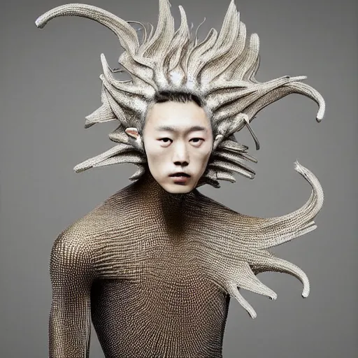 Image similar to a beautiful young korean male alien wearing iris van herpen couture, his hair moves with the wind, photographed by erwin olaf