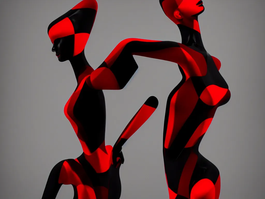 Image similar to a beautiful red and black 3 d geometrically printed mannequin in the style of james jean, chrome orchids dripping black iridescent liquid, winged victory, moody, dramatic, introspective, 4 k, trending on artstation, photorealistic, volumetric lighting, octane render