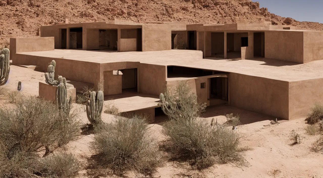 Image similar to desert house made from rammed earth and weathered steel, courtyard with cactus and palo verde trees, photorealistic, detailed, cinematic lighting