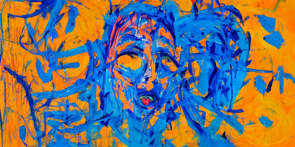 Image similar to chaotic expressionism painting of a face, blue color palette