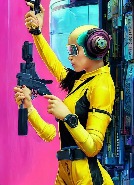 Image similar to beautiful cyberpunk female athlete wearing pink jumpsuit and yellow jacket. firing a futuristic red belt fed automatic pistol. ad poster for pistol. cyberpunk poster by james gurney, azamat khairov, and alphonso mucha. artstationhq. gorgeous face. painting with vivid color, cell shading. ( rb 6 s, cyberpunk 2 0 7 7 )