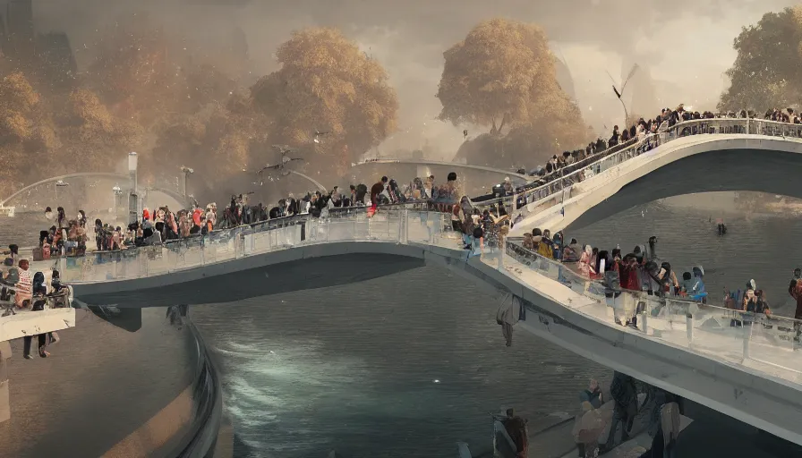 Image similar to people on a bridge watching tsunami coming to them, hyperdetailed, artstation, cgsociety, 8 k