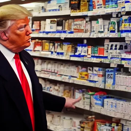 Image similar to photograph of donald trump at the pharmacy picking up adderall, photo by james cameron, amazing lighting