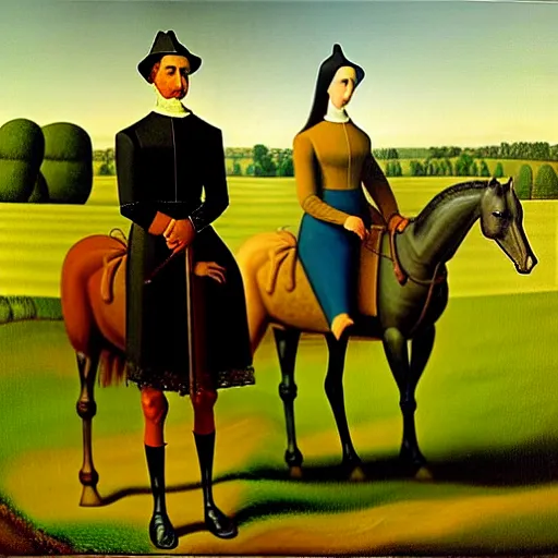 Prompt: an original painting of american gothic replaced with horses, a couple riding a horse, by grant wood