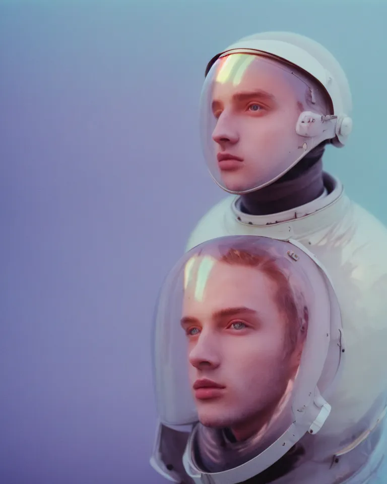 Image similar to high quality pastel coloured film portrait photograph of a beautiful young 2 0 year old male, soft facial features, short hair, wearing perspex space helmet and oversized inflated clothing!! icelandic black rock pool environment. atmospheric three point light. photographic. art directed. ( pastel colours ). volumetric. clearcoat. waves. 8 k. filmic.