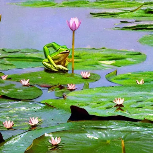 Prompt: !!! sticker!!! a frog in the water lily, white background, highly detailed, digital art, matte painting, sharp focus, matte painting, by isaac levitan, monet, asher brown durand,