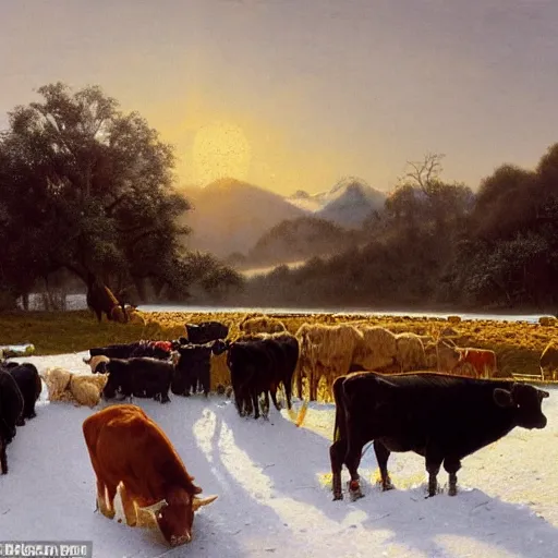 Prompt: an extremely detailed matte painting of a rancher feeding the animals at sunrise, dog, cows, sheep, chickens, ducks, 4 k, ranch the morning after a light snowfall, by bob ross and norman rockwell